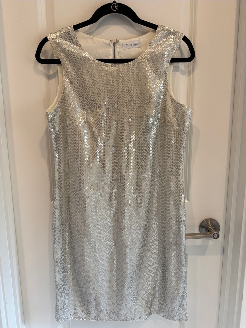 Calvin Klein White Silver Sequin Sleeveless Shift Dress